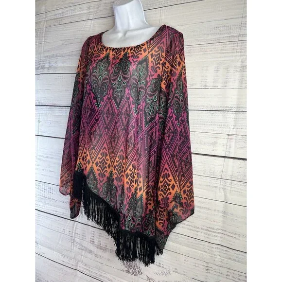 Ivy Jane Size S Boho Festival Fringe Kimono Bell Sleeve Asymetrical Sheer Blouse - Picture 5 of 12